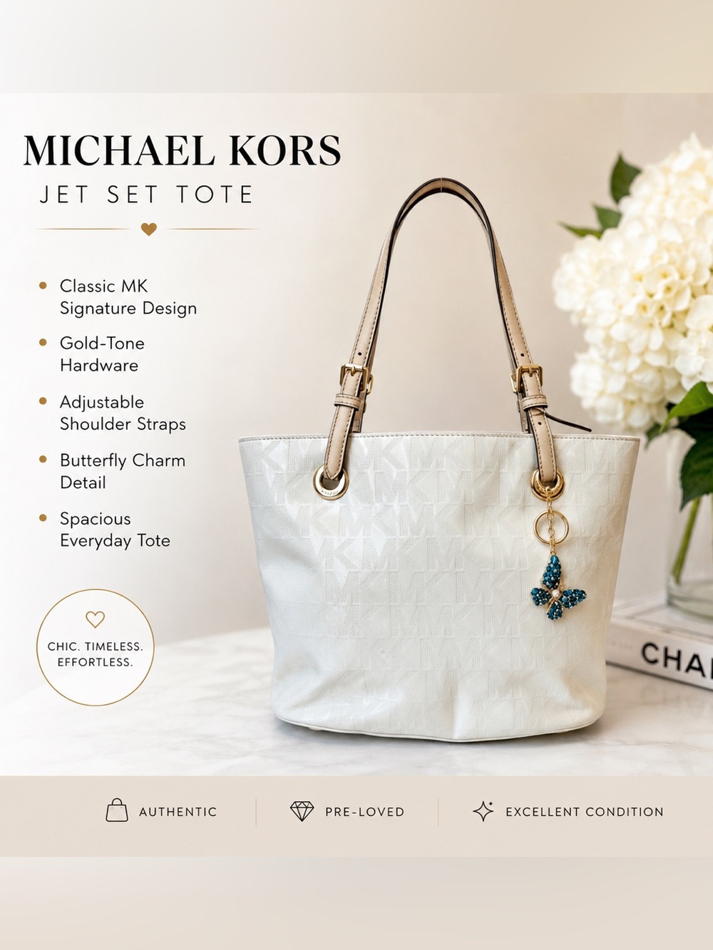 Michael Kors White Jet Set Monogram Tote Shoulder Bag with Butterfly Charm